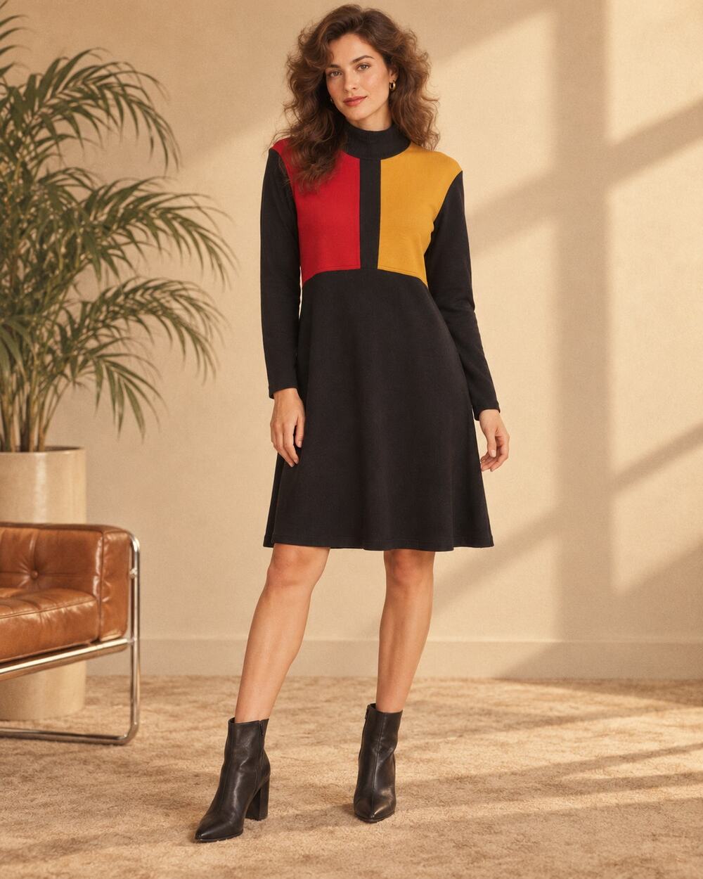 Vintage 80s Karin Stevens Colorblock Sweater Dress Sz S Wool Blend Mock Neck